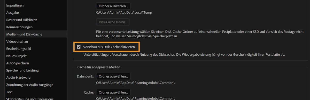 „Vorschau aus Disk-Cache aktivieren“ ist in den Voreinstellungen „Medien- und Disk-Cache“ aktiviert.
