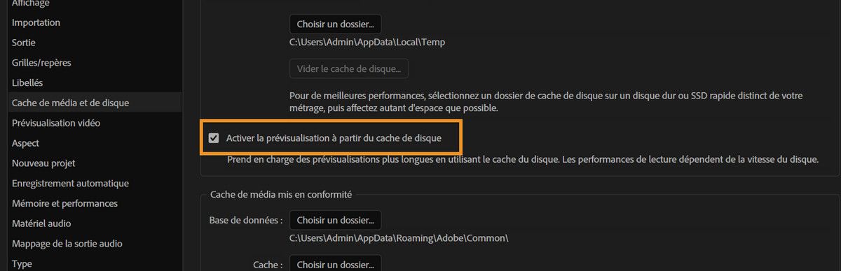 L’option Activer la prévisualisation à partir du cache de disque est sélectionnée dans les préférences Cache de média et de disque.