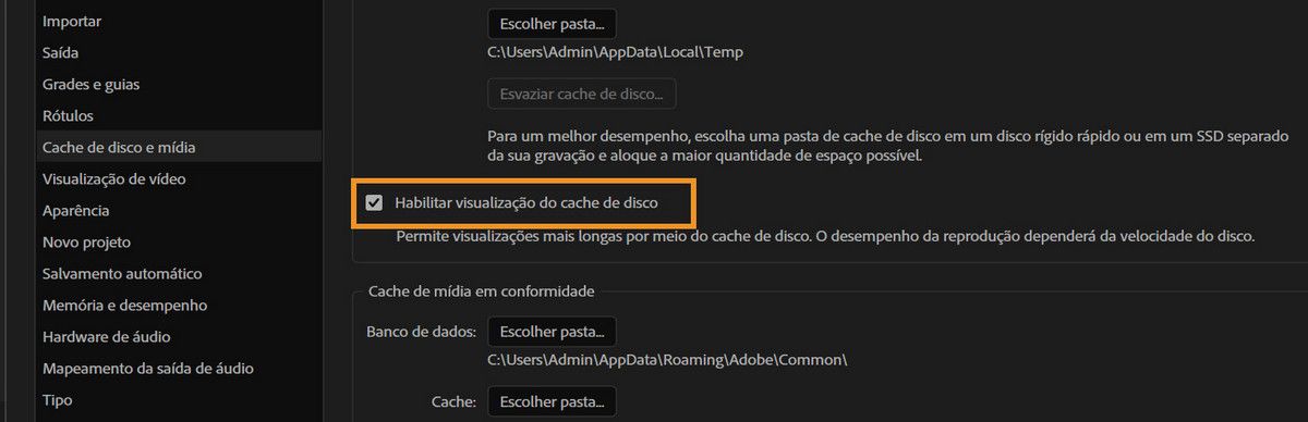 A opção “Habilitar visualização a partir do cache de disco” está marcada nas preferências de “Cache de disco e mídia”.