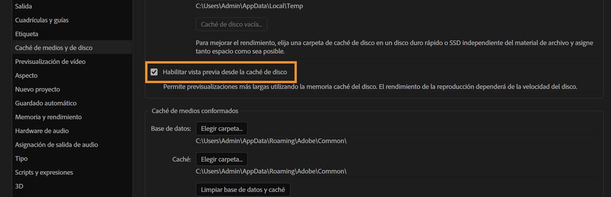 La opción Habilitar vista previa desde la caché de disco está marcada en las preferencias de Caché de medios y de disco.