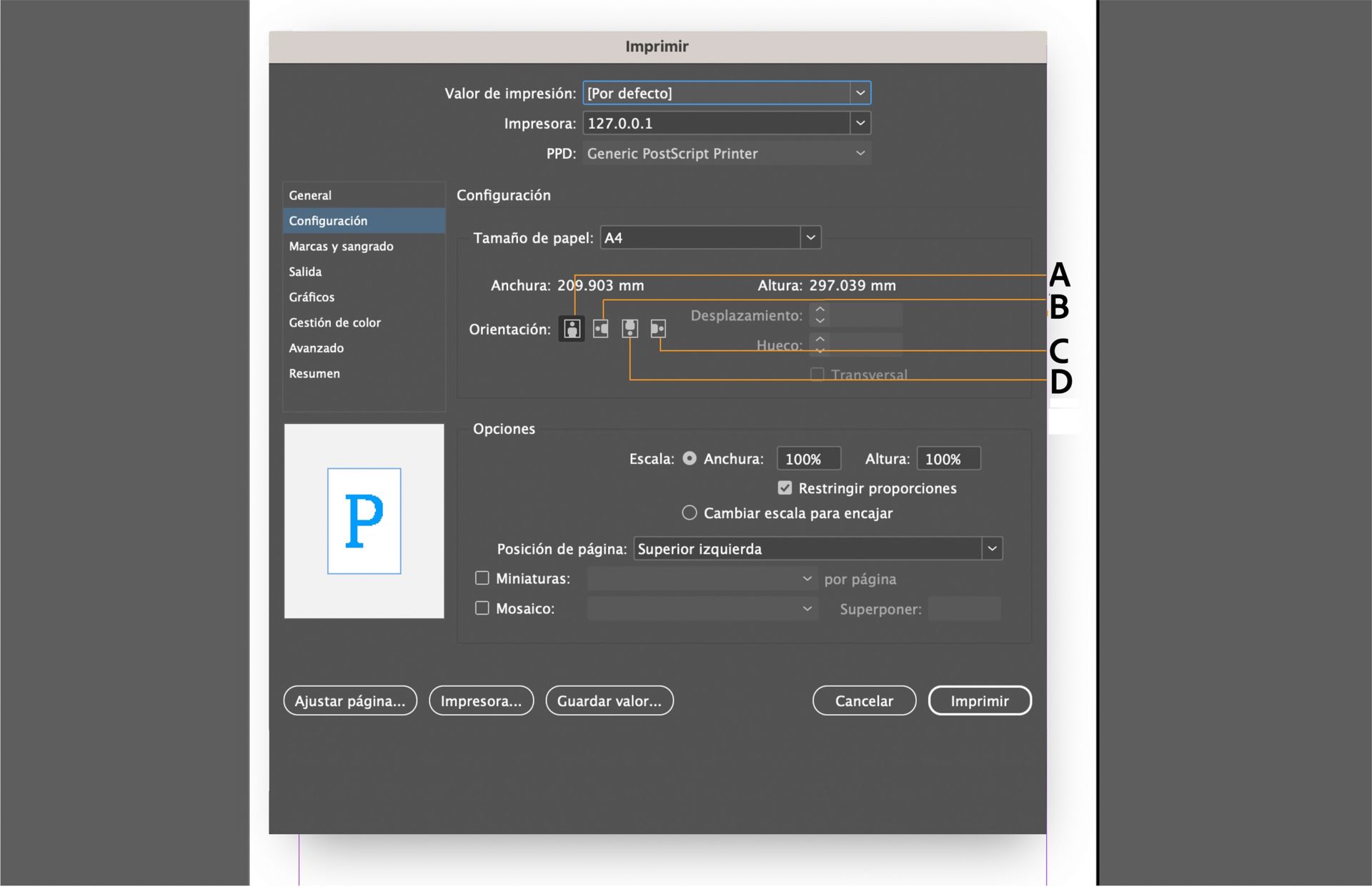 Interfaz de diálogo de impresión con opciones de configuración, panel de vista previa y controles de orientación resaltados.