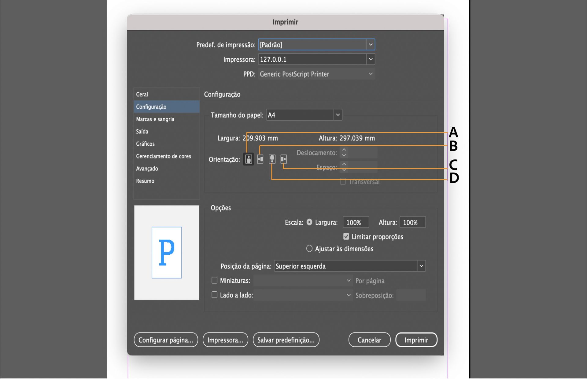 Interface de diálogo Imprimir com opções de configuração, painel Visualização e controles de orientação realçados.