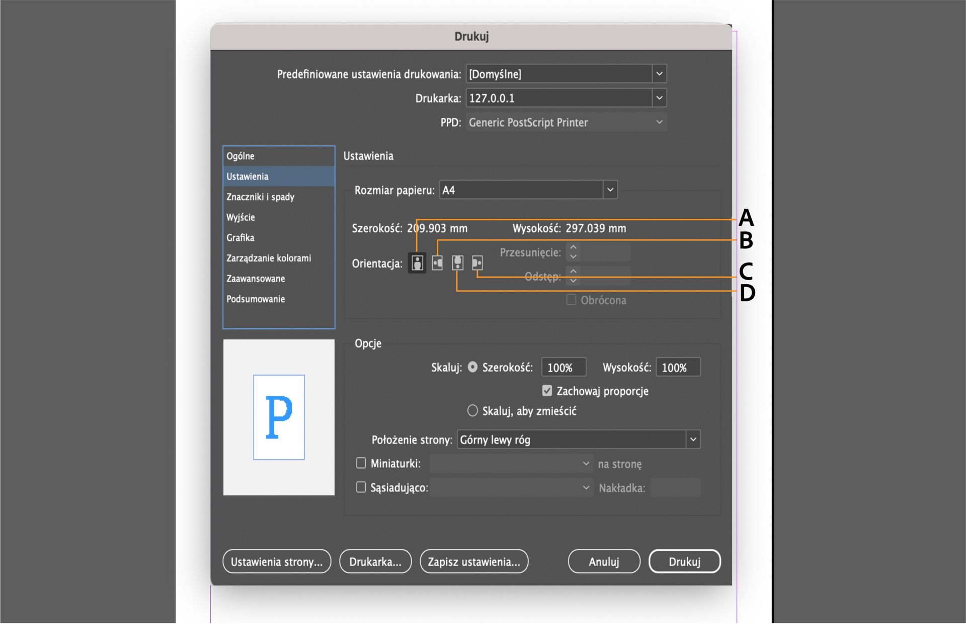Interfejs dialogowy Drukuj z opcjami konfiguracji, panelem podglądu i wyróżnionymi ustawieniami orientacji.