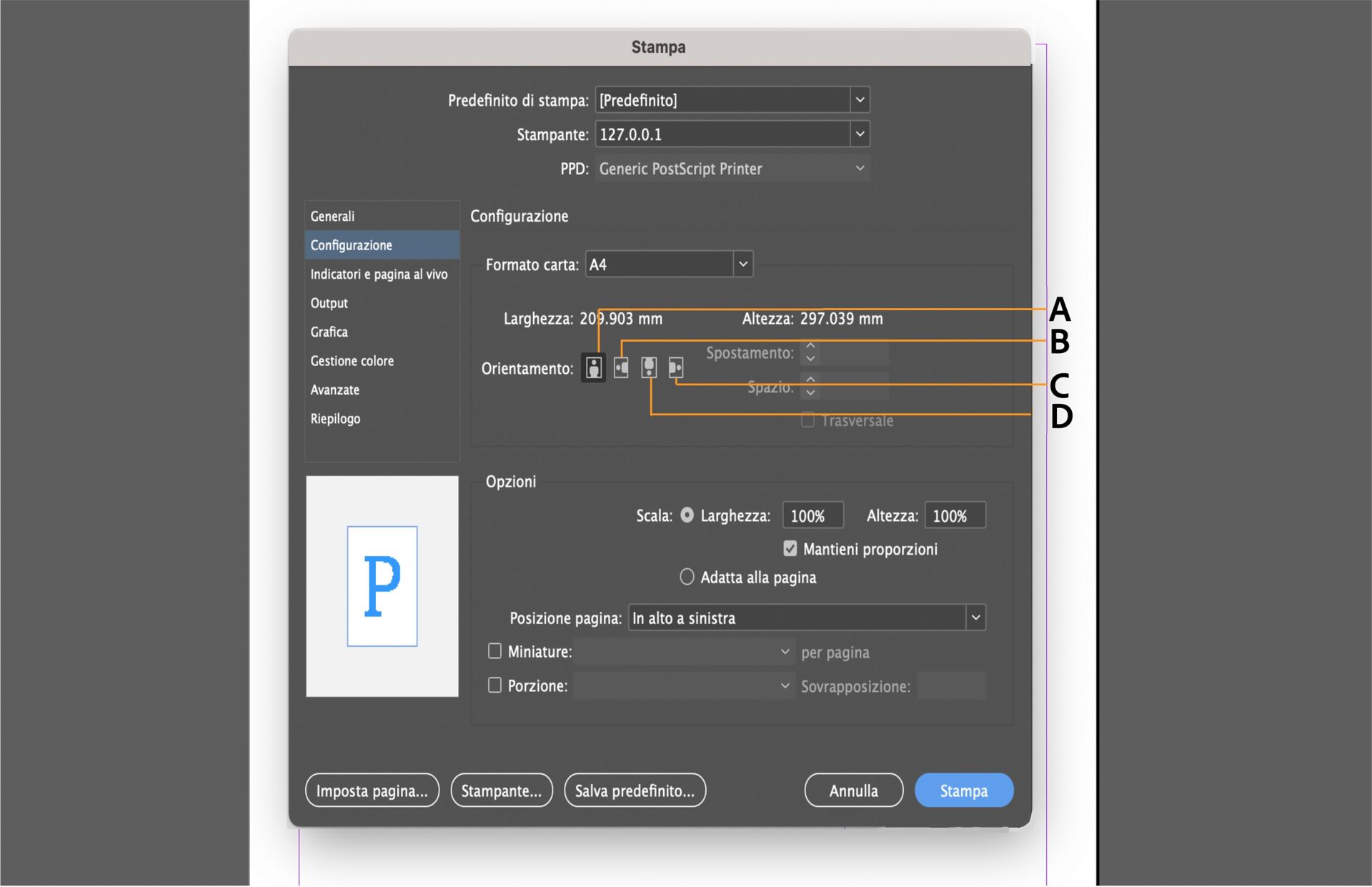 Interfaccia di dialogo Stampa con opzioni di configurazione, anteprima e controlli di orientamento evidenziati.