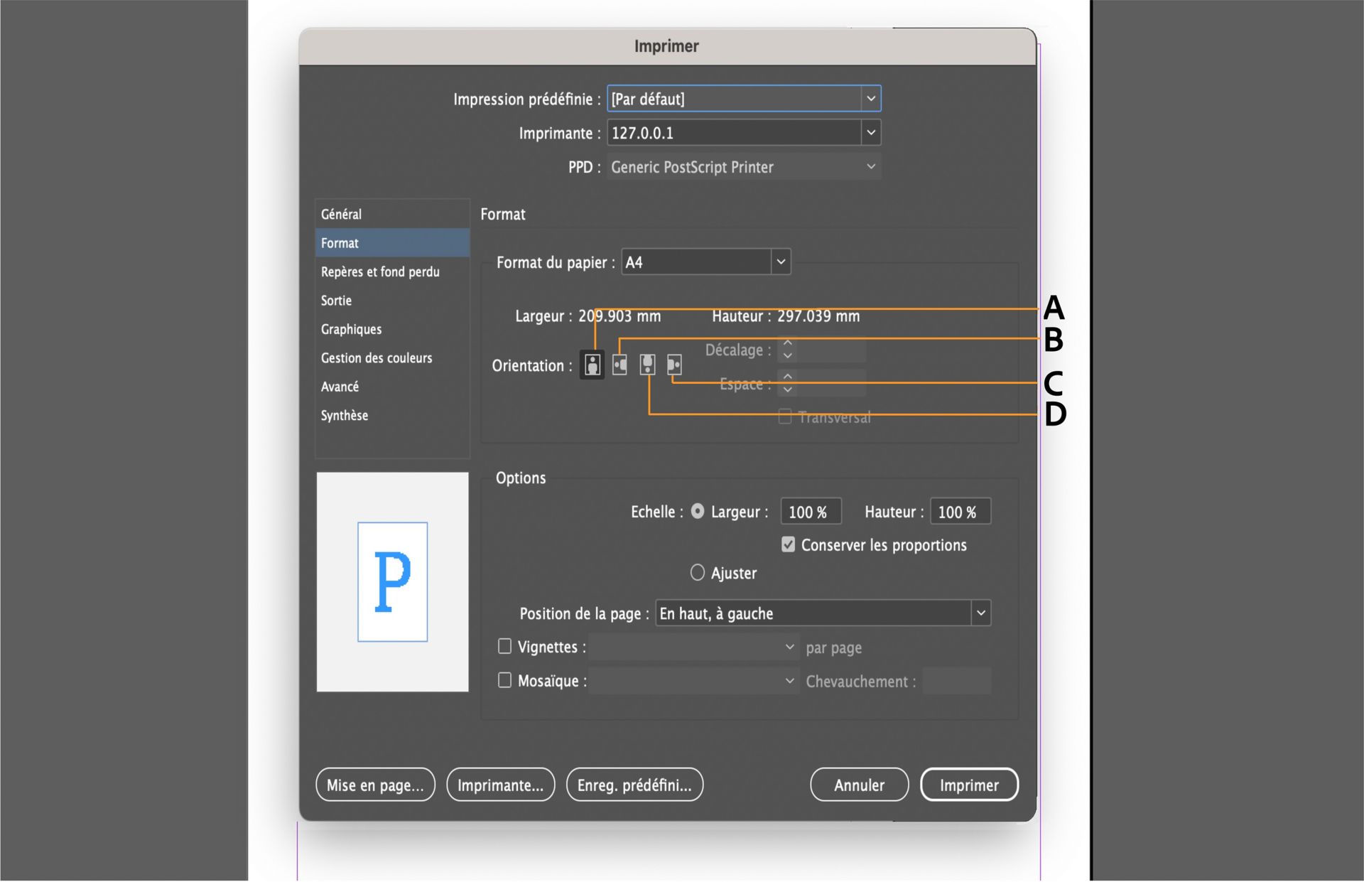 Interface de dialogue d’impression avec options de configuration, volet Aperçu et contrôles d’orientation mis en surbrillance.