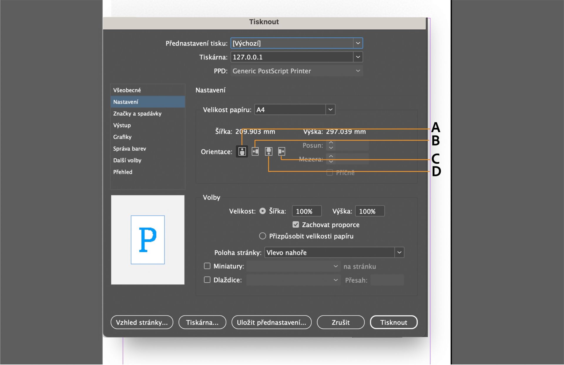 Rozhraní tiskového dialogového okna s možnostmi nastavení, panelem náhledu a zvýrazněnými ovládacími prvky orientace.