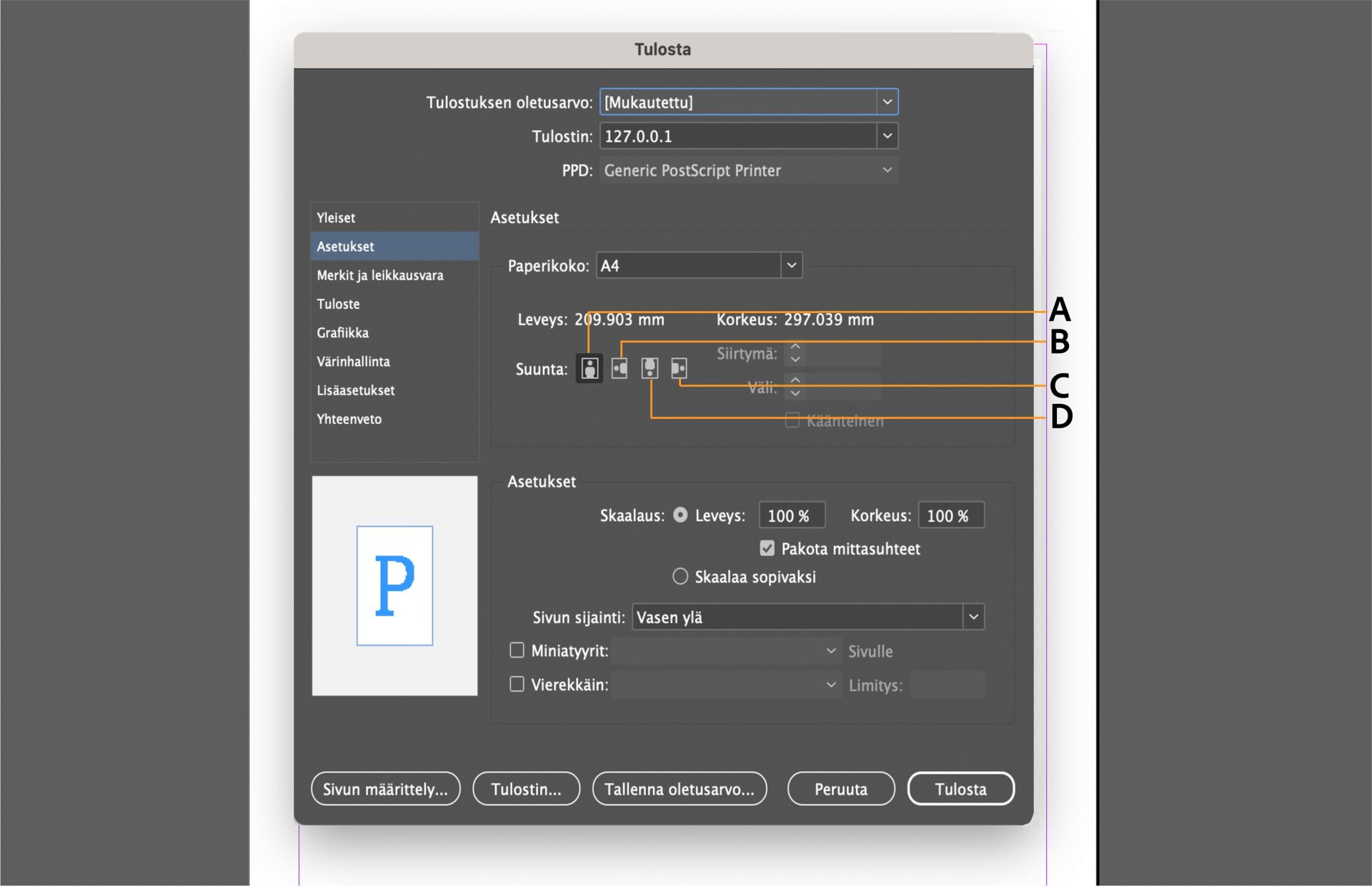 Tulosta-valintaikkuna, jossa näkyy asetusvaihtoehdot, esikatseluruutu ja korostetut suuntavalitsimet.