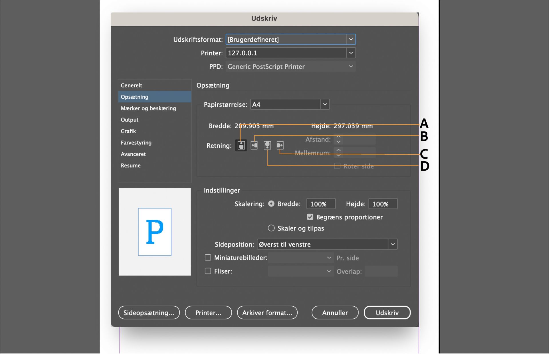 Dialogboksen Udskriv med indstillinger for opsætning, ruden Forhåndsvisning og fremhævede kontrolelementer for retning.
