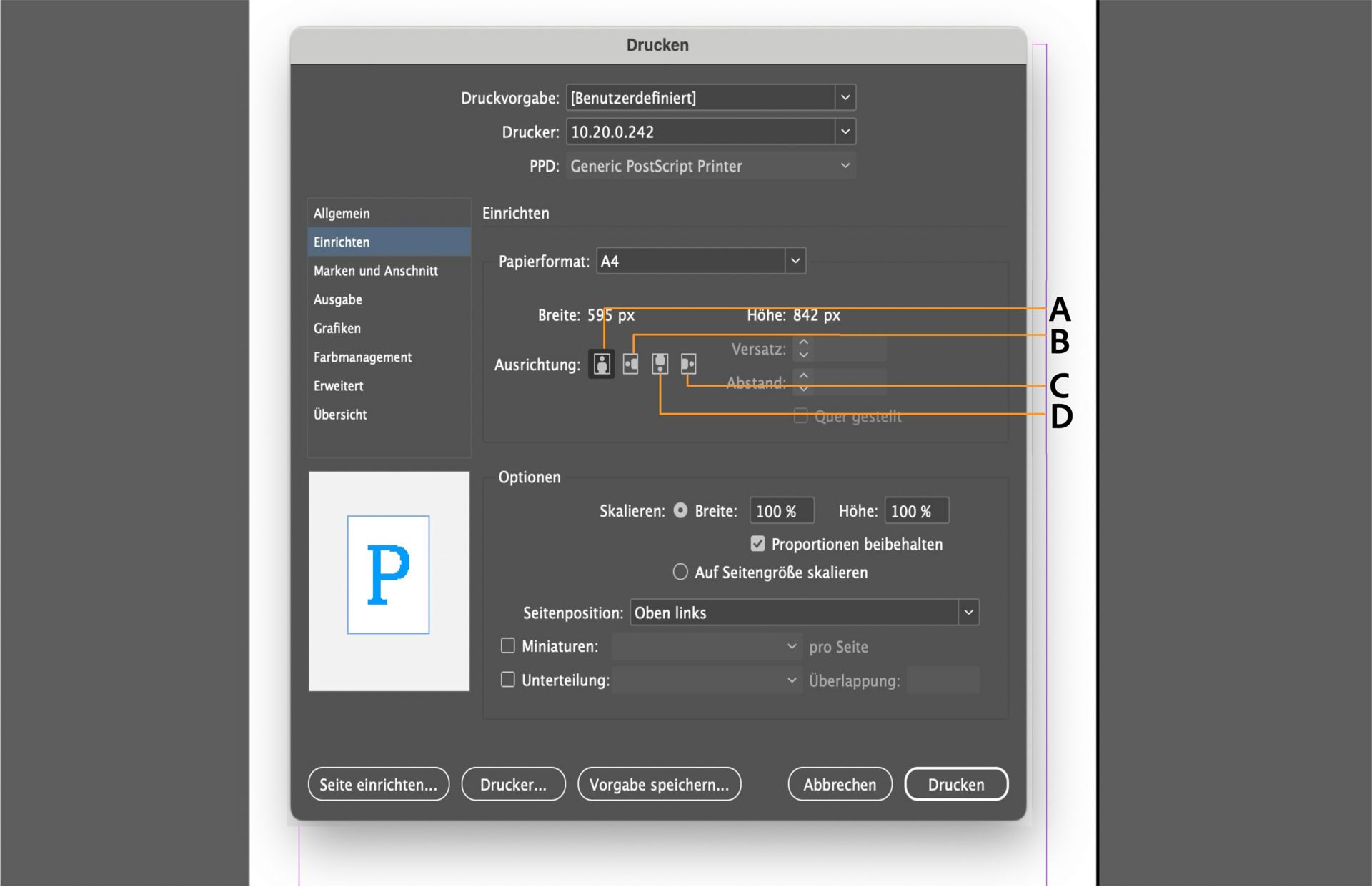 Druckdialogfeld mit Einstellungsoptionen, Vorschaufenster und markierten Steuerelementen für die Ausrichtung.