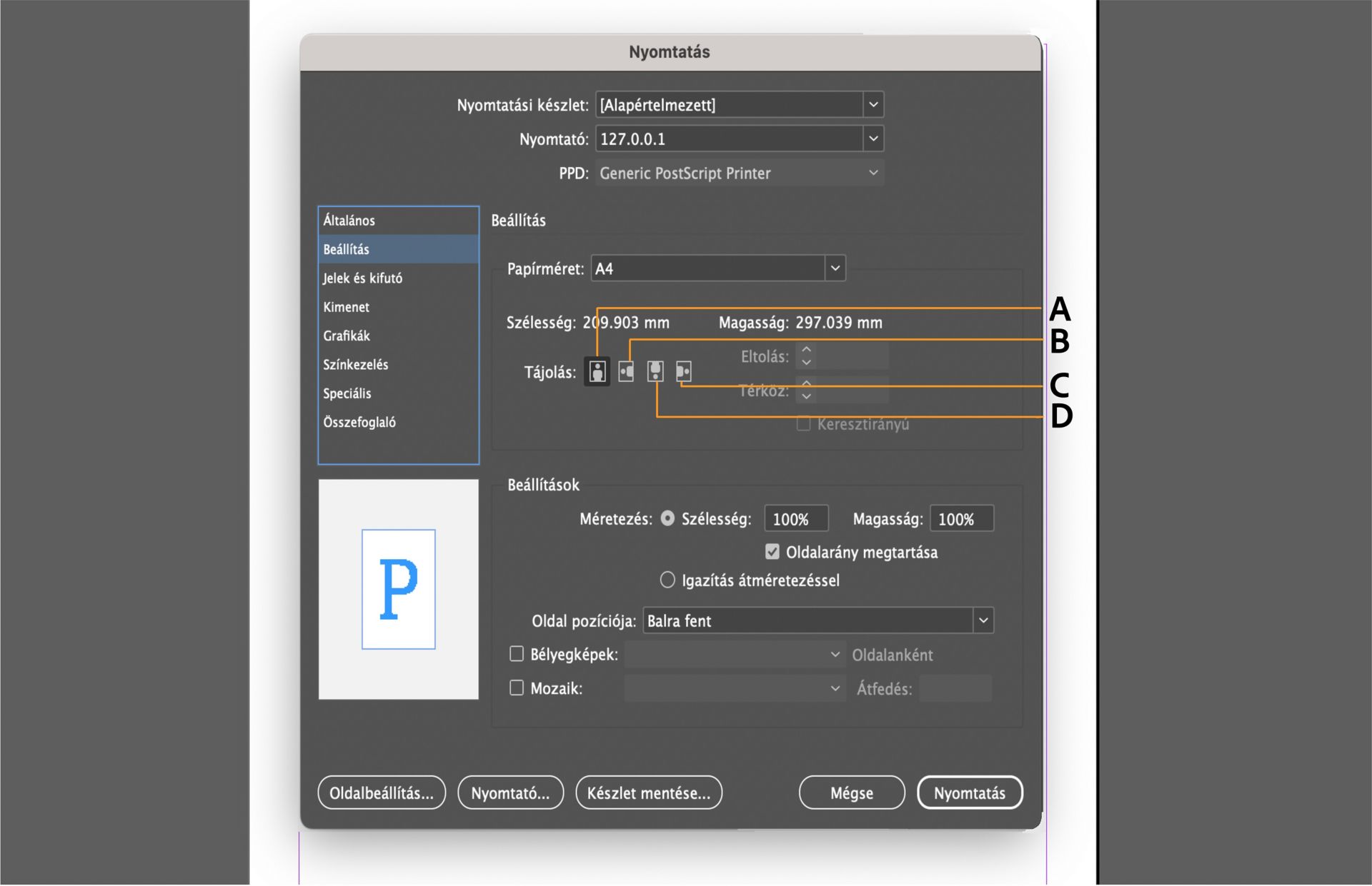 A Nyomtatás párbeszédpanel felülete beállítási lehetőségekkel, előnézeti ablaktáblával és kiemelt tájolási vezérlőkkel.