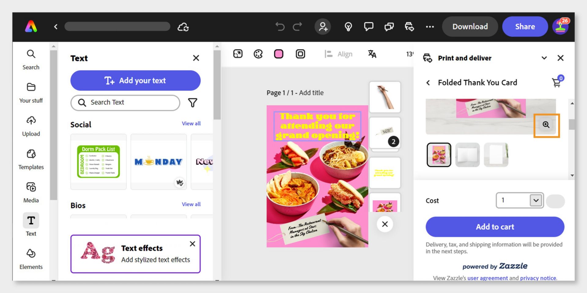    Un diseño está abierto en el editor y el panel de impresión y entrega está abierto a la derecha. Hay una opción para ver las vistas previas de los diseños impresos antes de seleccionar el botón Añadir al carrito.