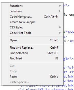 القائمة Context في طريقة العرض Code - Dreamweaver CC