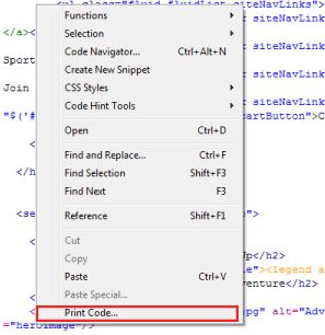 القائمة Context > الخيار Print Code - قبل Dreamweaver CC