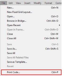 File > الخيار Print Code - قبل Dreamweaver CC