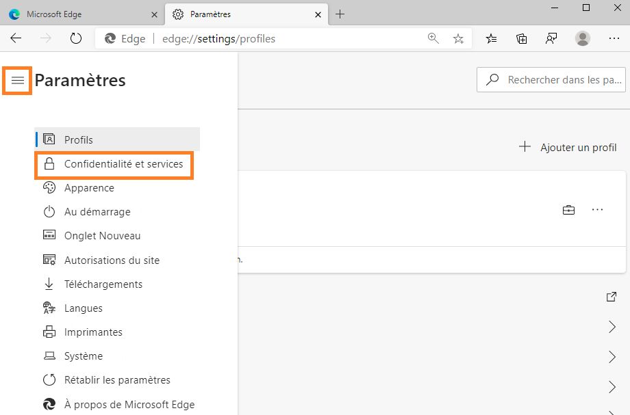 Cliquer sur Confidentialité et services