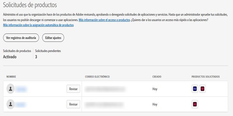 Página con solicitudes de productos donde se ven las solicitudes recibidas en los últimos 60 días