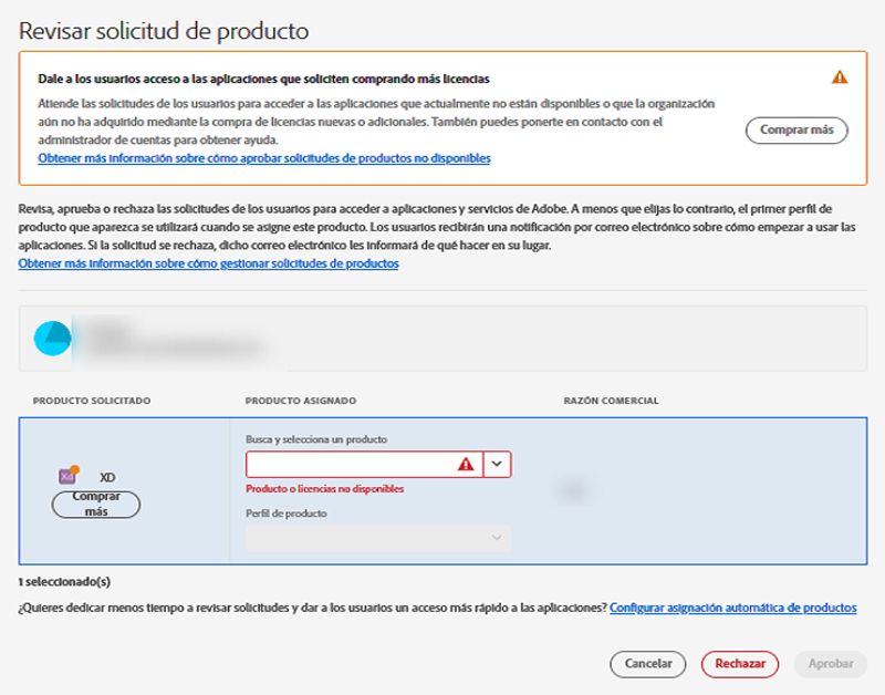 Pantalla para revisar solicitudes de productos donde no se puede aprobar la solicitud de un producto no disponible