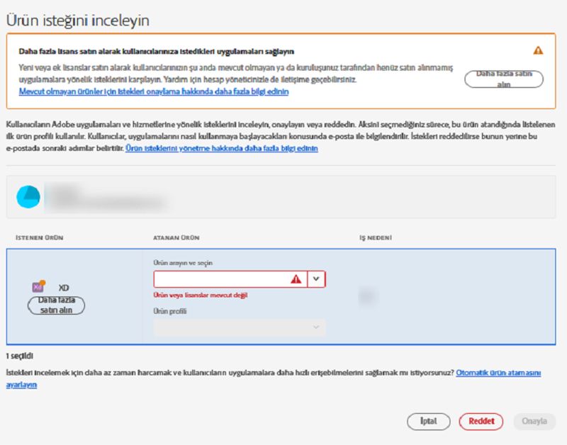 Mevcut olmayan bir ürüne yönelik isteğin onaylanamadığı “Ürün isteğini inceleyin” ekranı