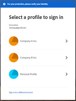 個人プロファイルまたは会社プロファイルでログインするオプションがあるプロファイル選択画面
