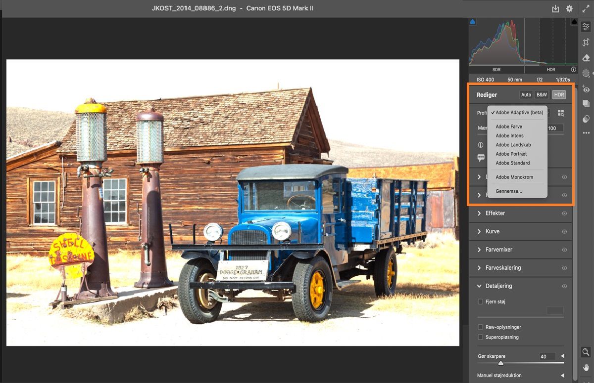 Indstillinger for Adobe Camera Raw-profil