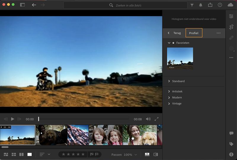 Een profiel toevoegen aan uw video's in Lightroom voor desktop