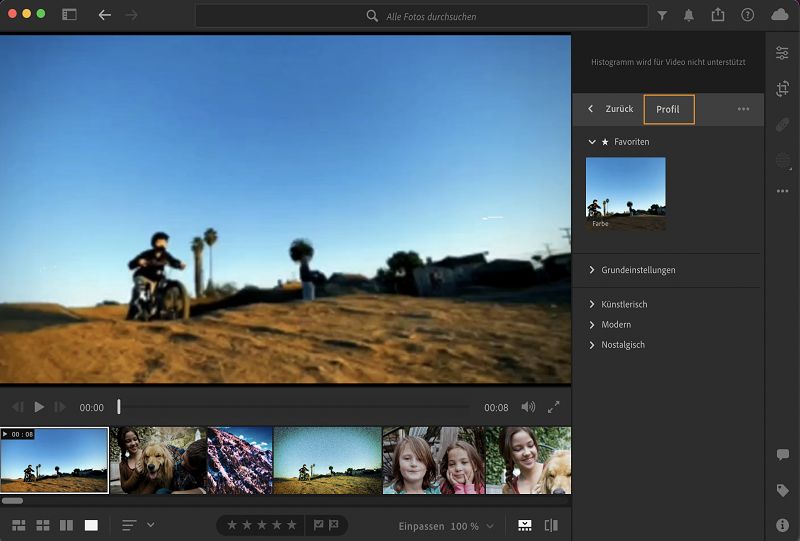 Hinzufügen eines Profils zu deinen Videos in Lightroom Desktop