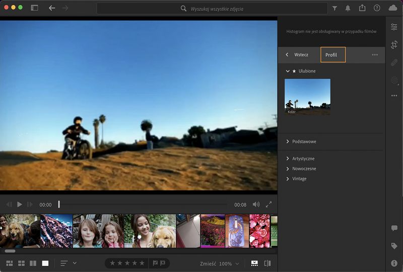Dodaj profil do filmów w programie Lightroom na komputery