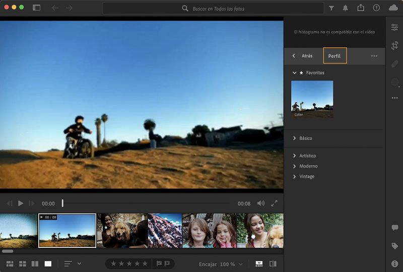 Añadir un perfil a los vídeos en Lightroom para equipos de escritorio