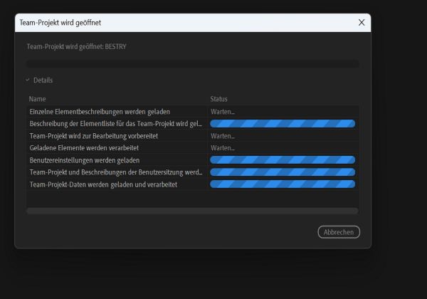 Wenn Sie ein Team-Projekt öffnen, wird das Laden der Projektkomponenten gestartet und der Ladestatus angezeigt.
