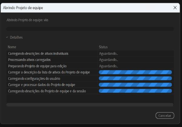 Quando você abre um projeto de equipe, os componentes do projeto começam a ser carregados e o status de carregamento é exibido.