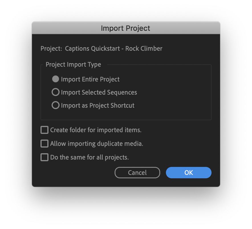 Opções ao importar um projeto