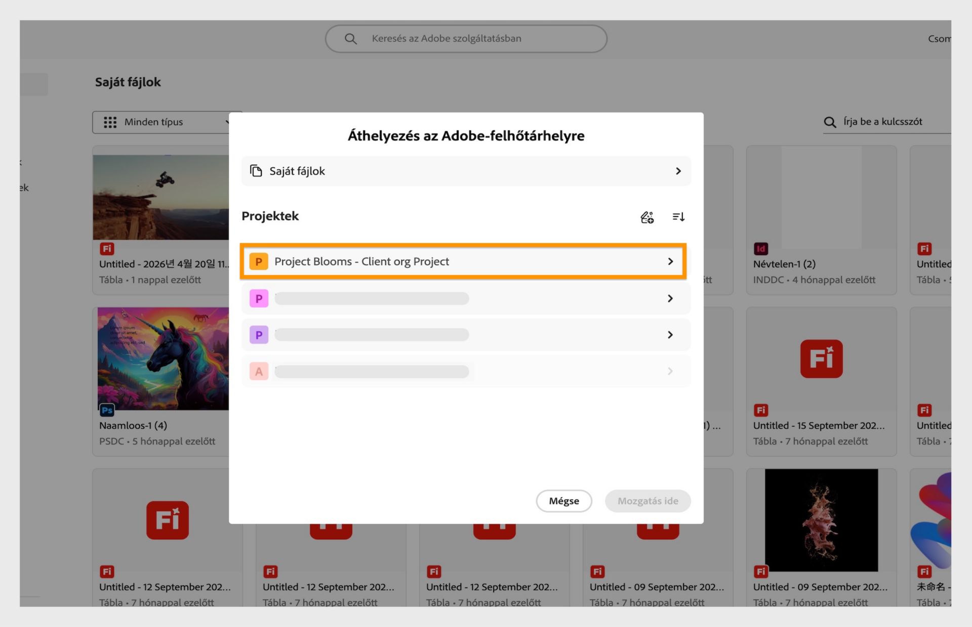 Kiválasztási panel, amely felkéri a felhasználót, hogy válasszon projektet az áthelyezett fájlok új helyeként.
