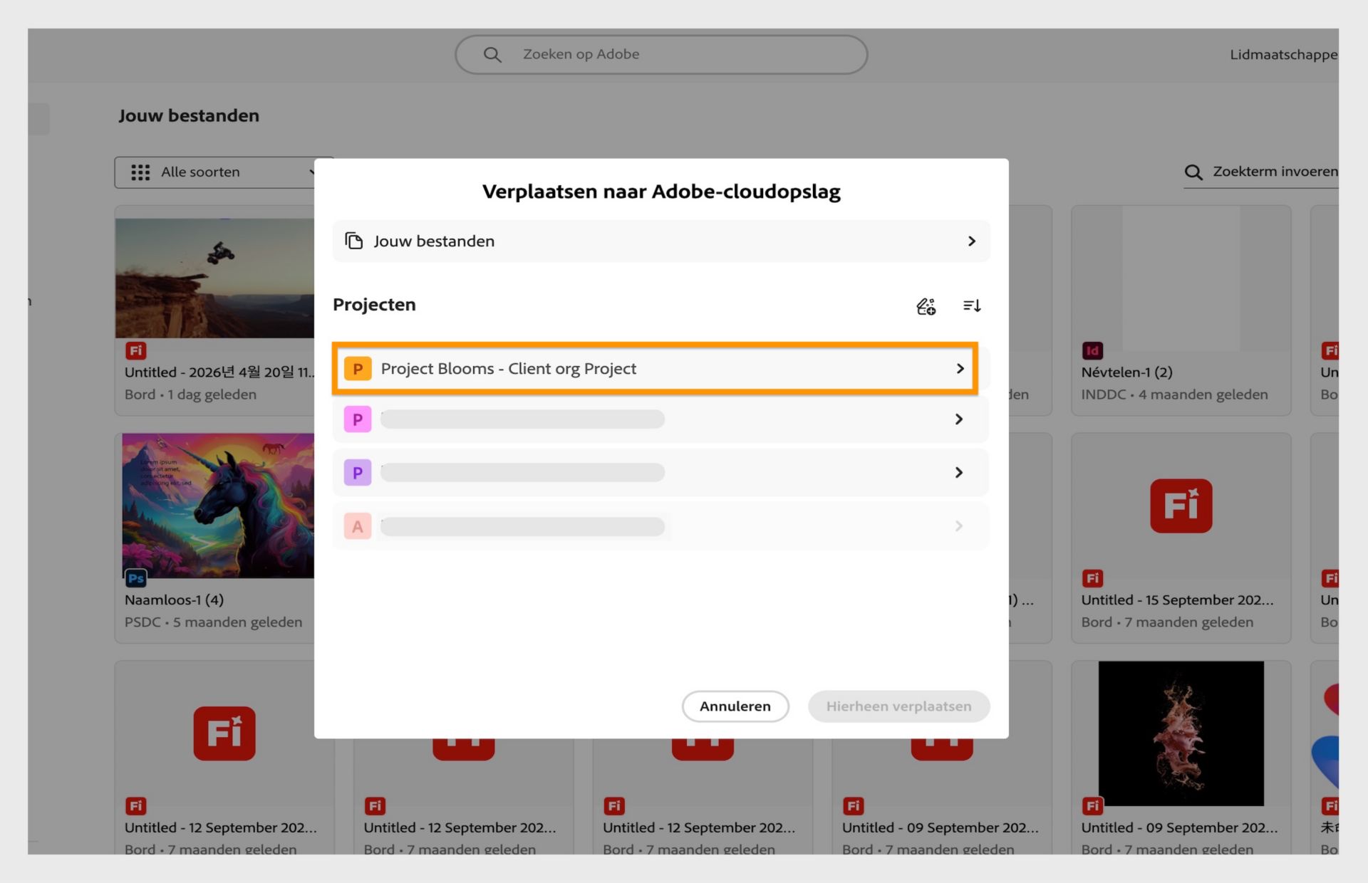 Selectiedeelvenster waarin de gebruiker wordt gevraagd een project te kiezen als nieuwe locatie voor gemigreerde bestanden.