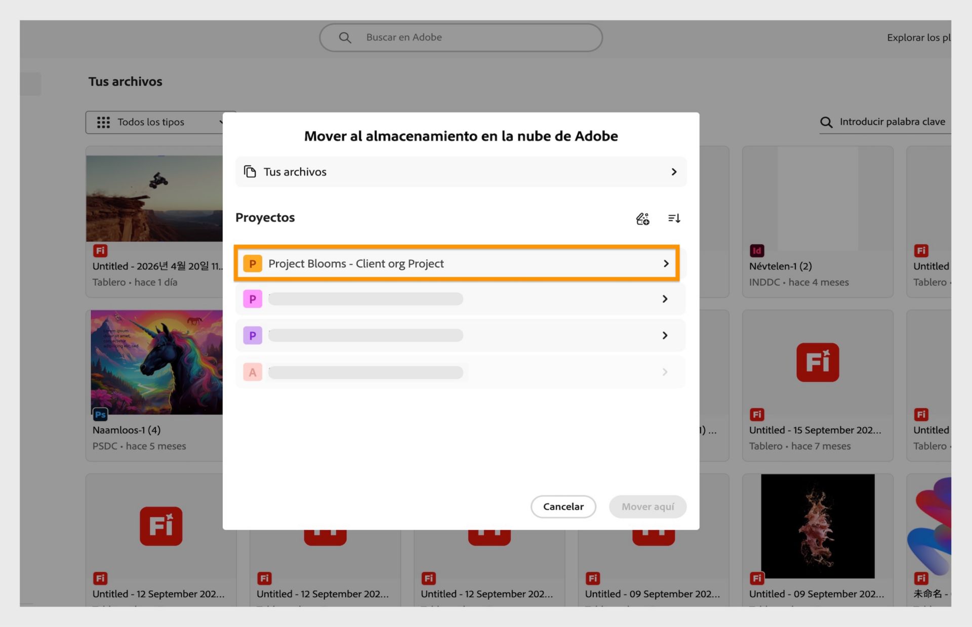 panel de selección que solicita al Usuario elegir un proyecto como nueva ubicación para los archivos migrados.
