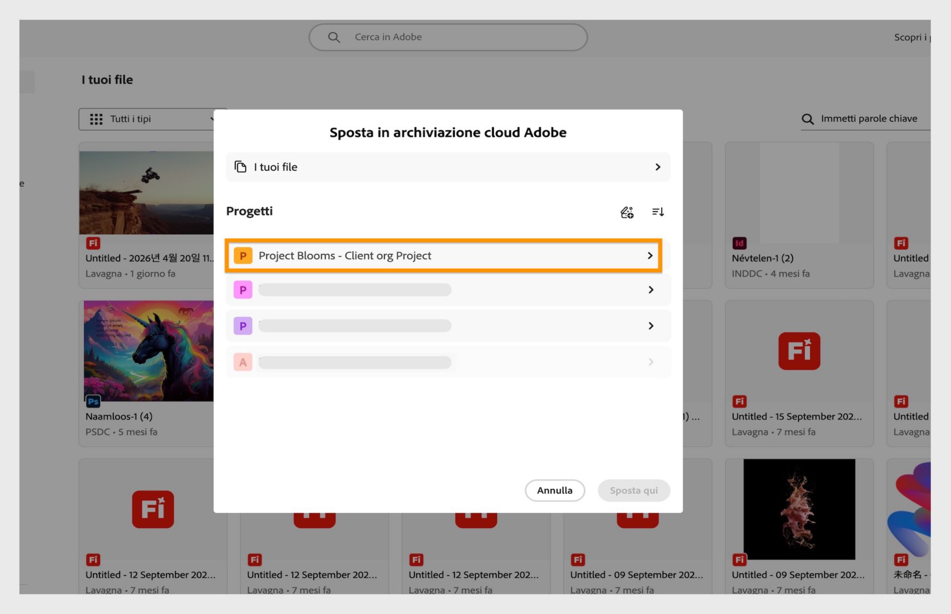 Pannello di selezione che richiede di scegliere un progetto come nuova posizione per i file migrati.