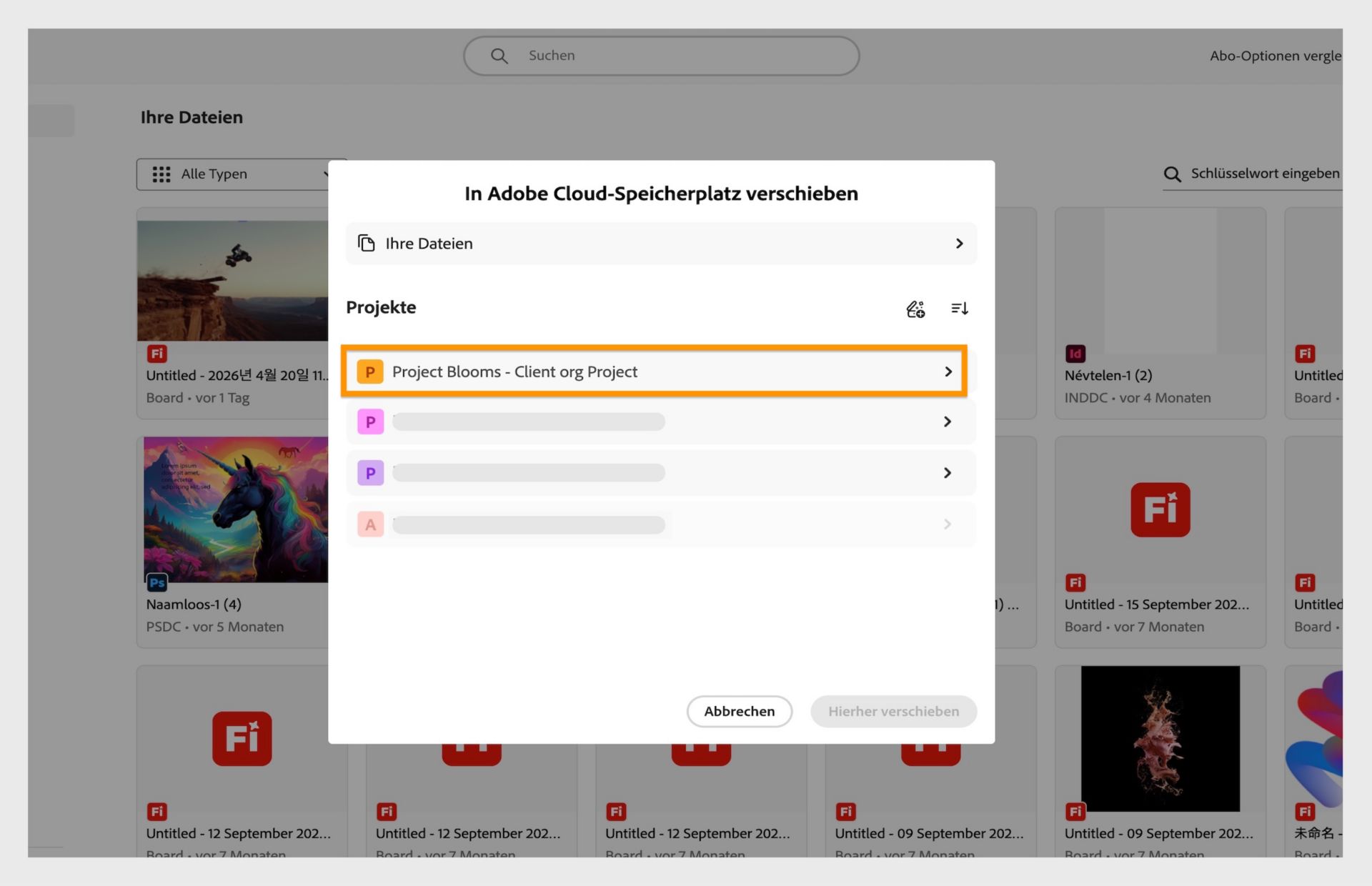 Auswahlbedienfeld, das den Anwender auffordert, ein Projekt als neuen Speicherort für migrierte Dateien auszuwählen.