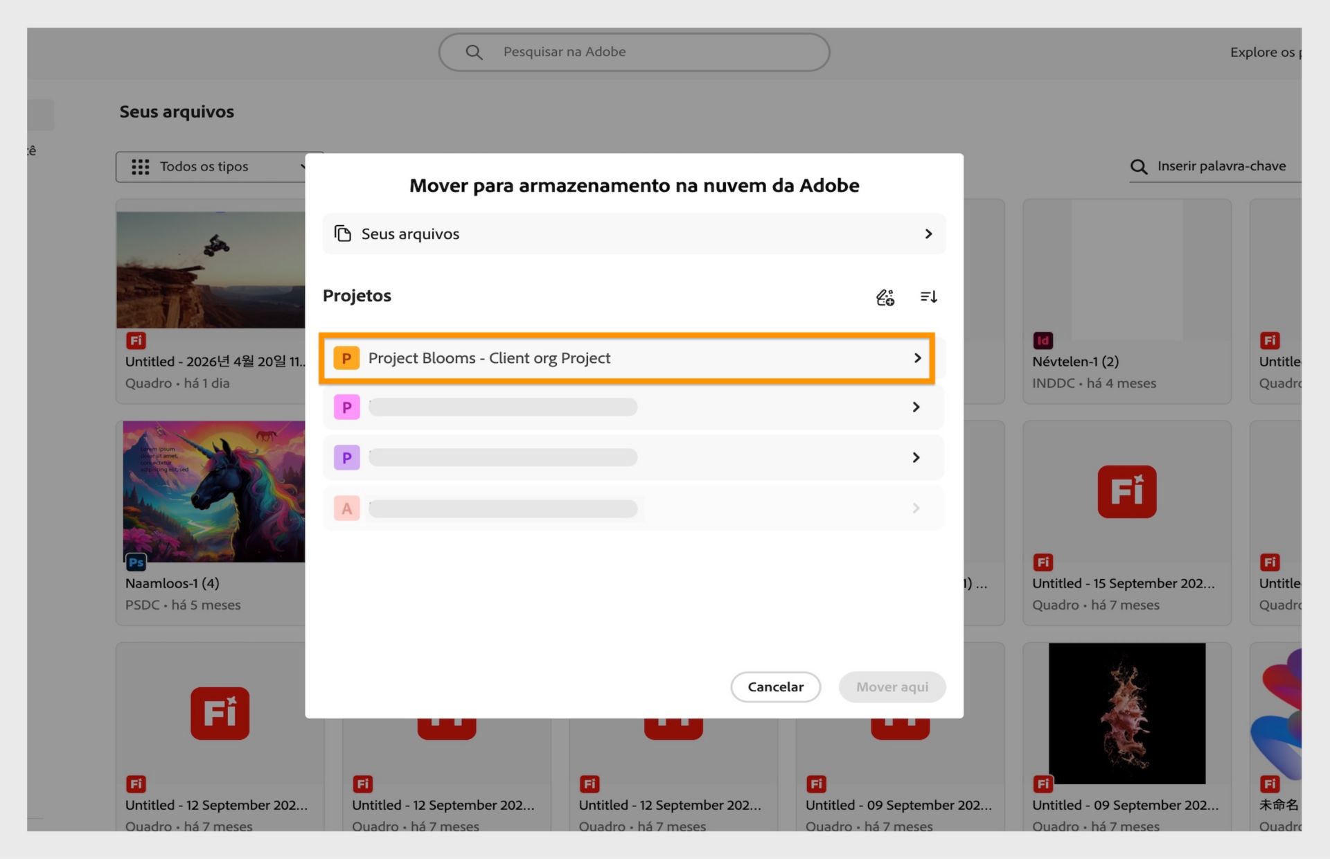 Painel de seleção solicitando que o usuário escolha um projeto como o novo local para arquivos migrados.