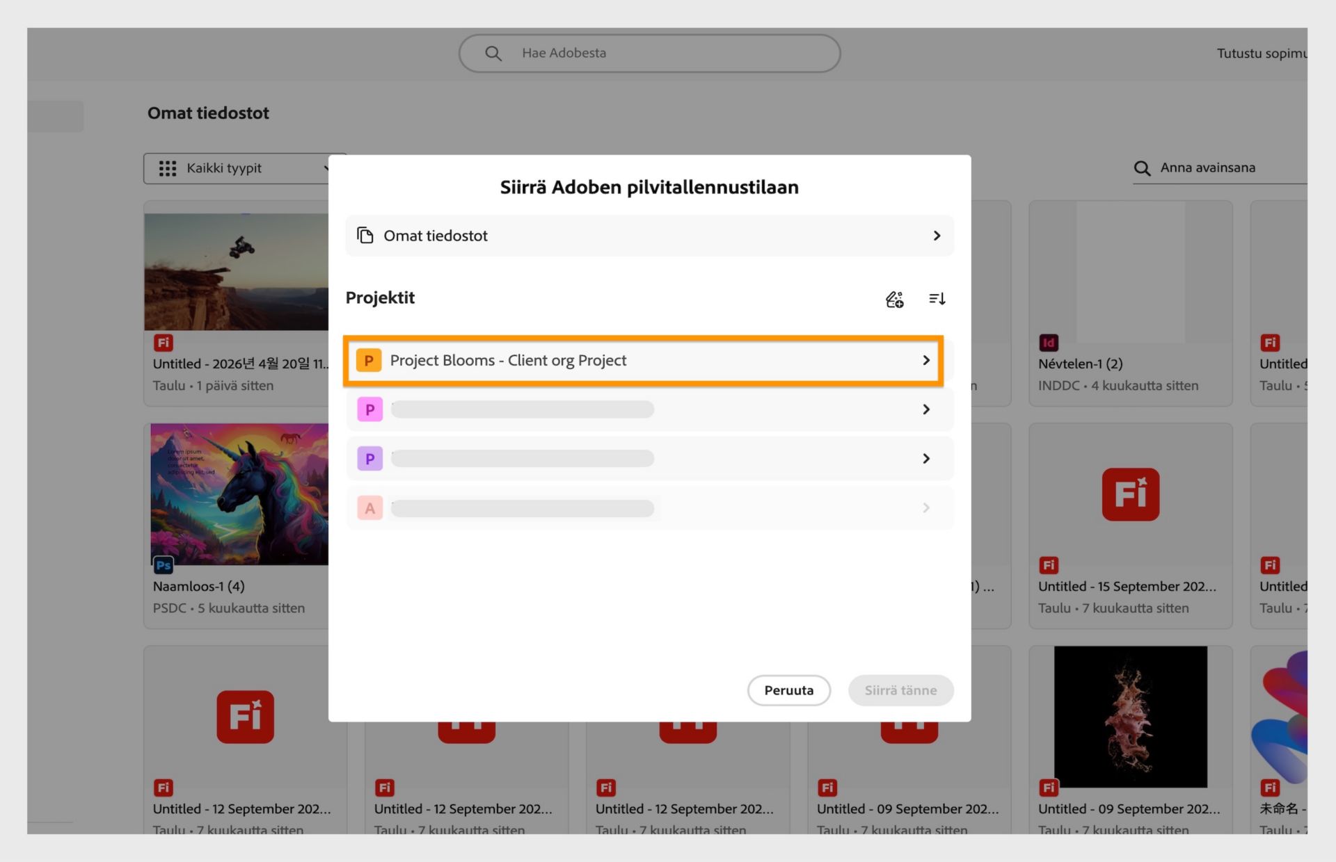 Valintapaneeli kehottaa käyttäjää valitsemaan projektin siirrettyjen tiedostojen uudeksi sijainniksi.