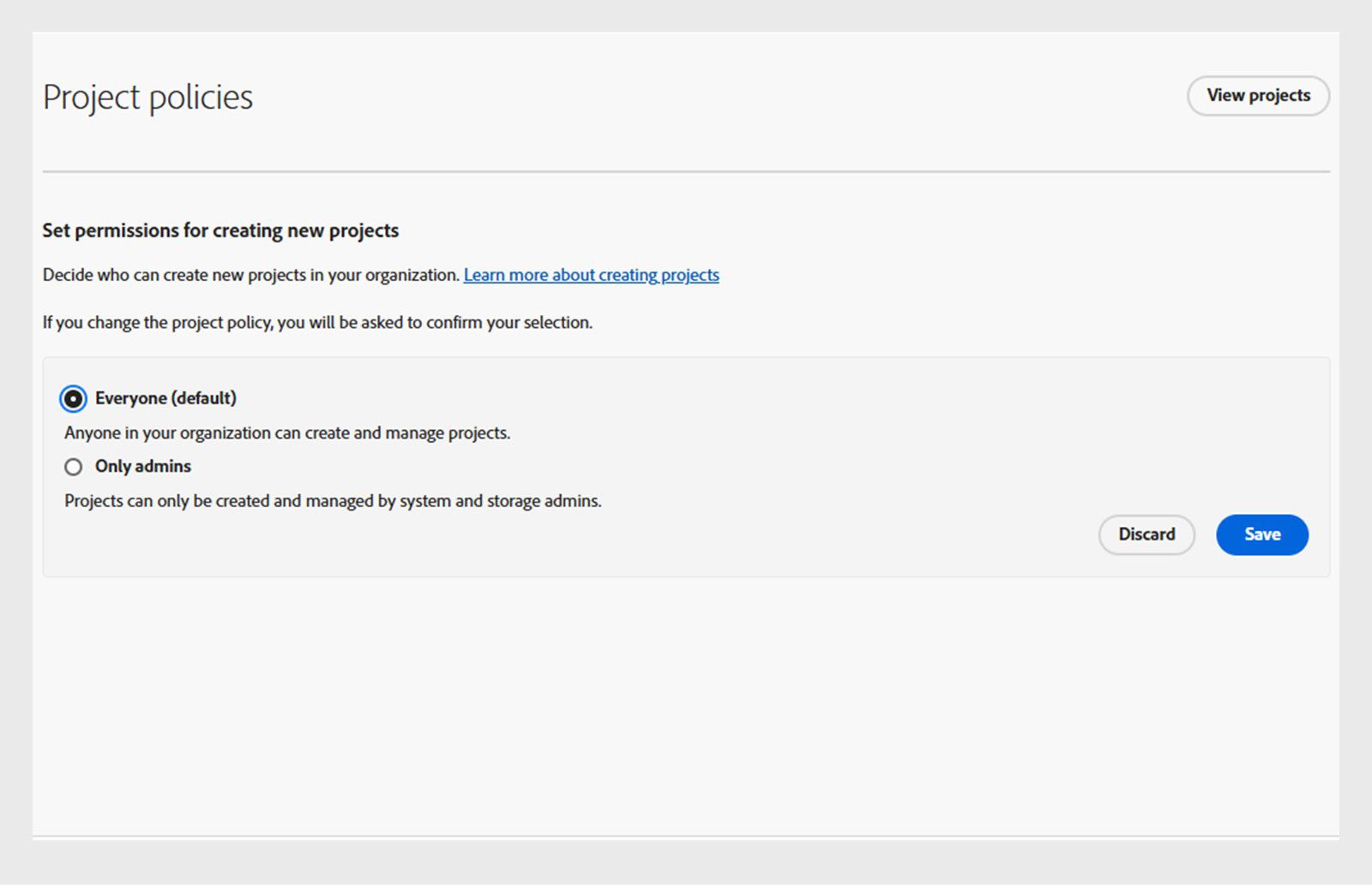 A projektirányelvek oldala, ahol mindenkihez ki van választva a hozzáférési engedély.