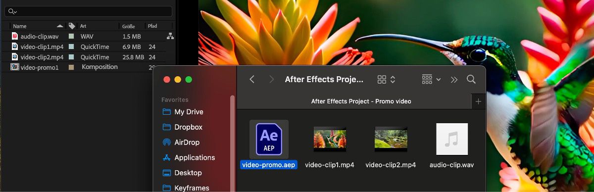 Nachdem du im Kontextmenü des Bedienfelds „Projekt“ die Option „Projekt im Finder anzeigen“ ausgewählt hast, wird der Finder mit der hervorgehobenen Projektdatei „video-promo.aep“ geöffnet.
