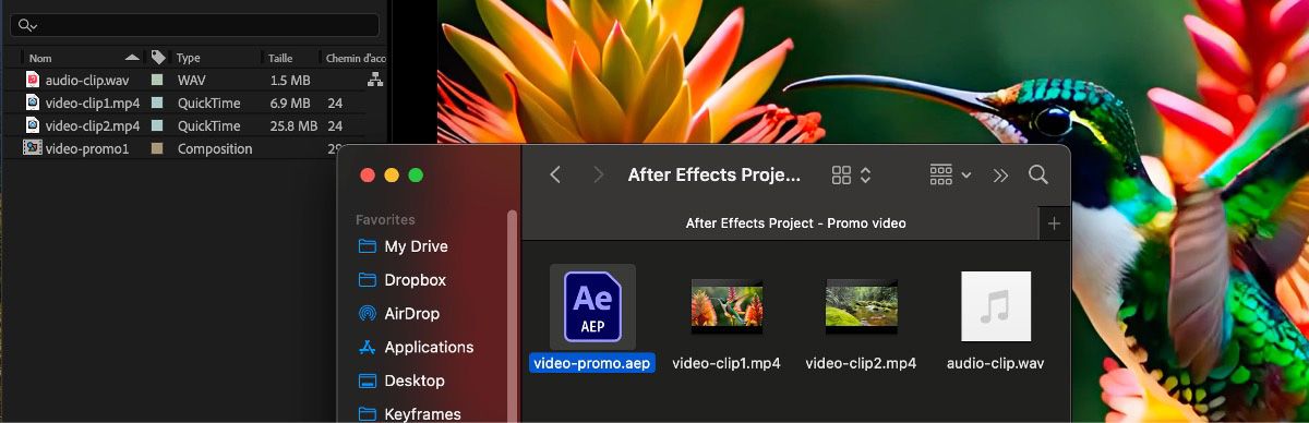 Après avoir sélectionné « Faire apparaître le projet dans le Finder » dans le menu contextuel du panneau Projet, le Finder s’ouvre avec le fichier de projet intitulé « video-promo.aep » mis en surbrillance.