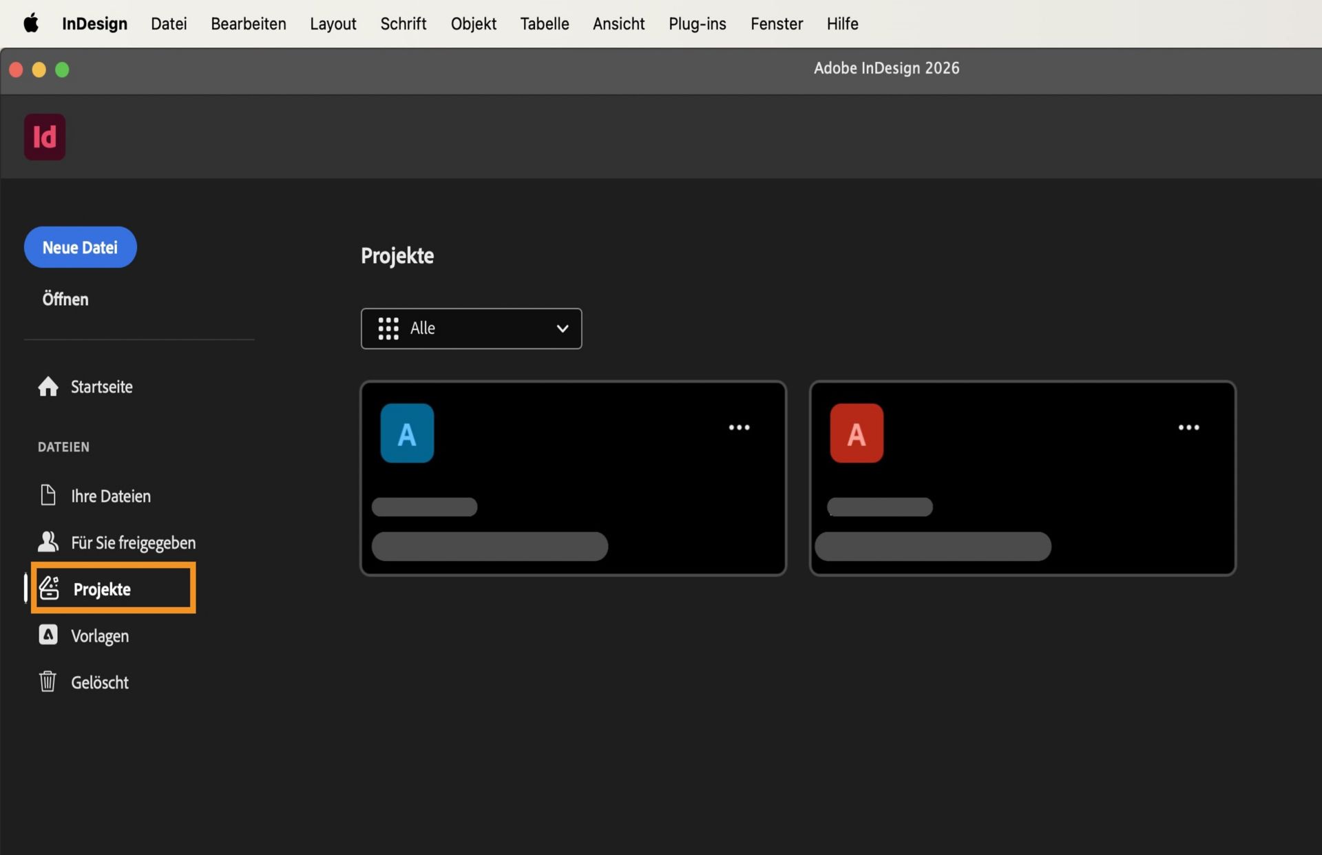Der Arbeitsbereich „Projekte“ von InDesign mit der linken Seitenleiste mit Optionen wie „Neue Datei“, „Öffnen“, „Startseite“, „Deine Dateien“, „Für dich freigegeben“, „Projekte“, „Vorlagen“ und „Gelöscht“. Der Hauptbereich zeigt verschwommene Projektkarten.  