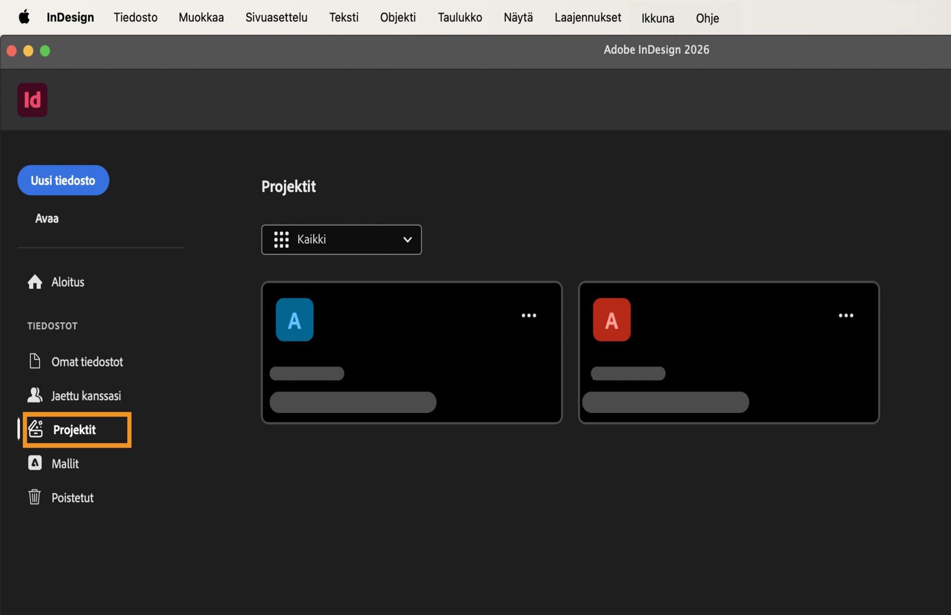 InDesignin Projektit-työtila, jossa vasemmassa sivupalkissa näkyvät esimerkiksi valinnat Uusi tiedosto, Avaa, Aloitus, Omat tiedostot, Jaettu kanssasi, Projektit, Mallit ja Poistetut. Pääalueella näkyy sumennettuja projektikortteja.  