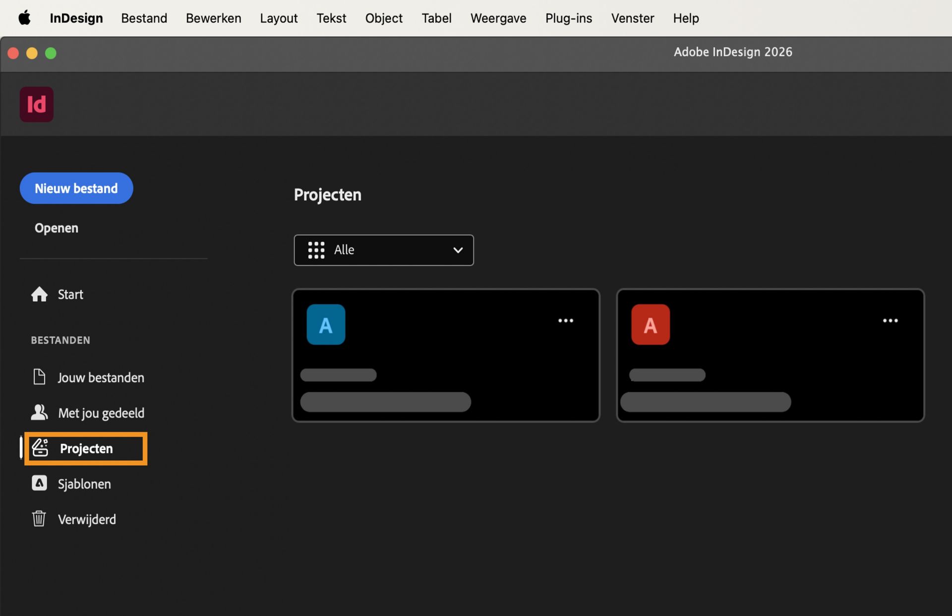 InDesign Projects werkruimte met in de linkerzijbalk opties zoals Nieuw bestand, Openen, Home, Je bestanden, Gedeeld met jou, Projects, Sjablonen en Verwijderd. Het hoofdgedeelte toont projectkaarten die wazig zijn.  