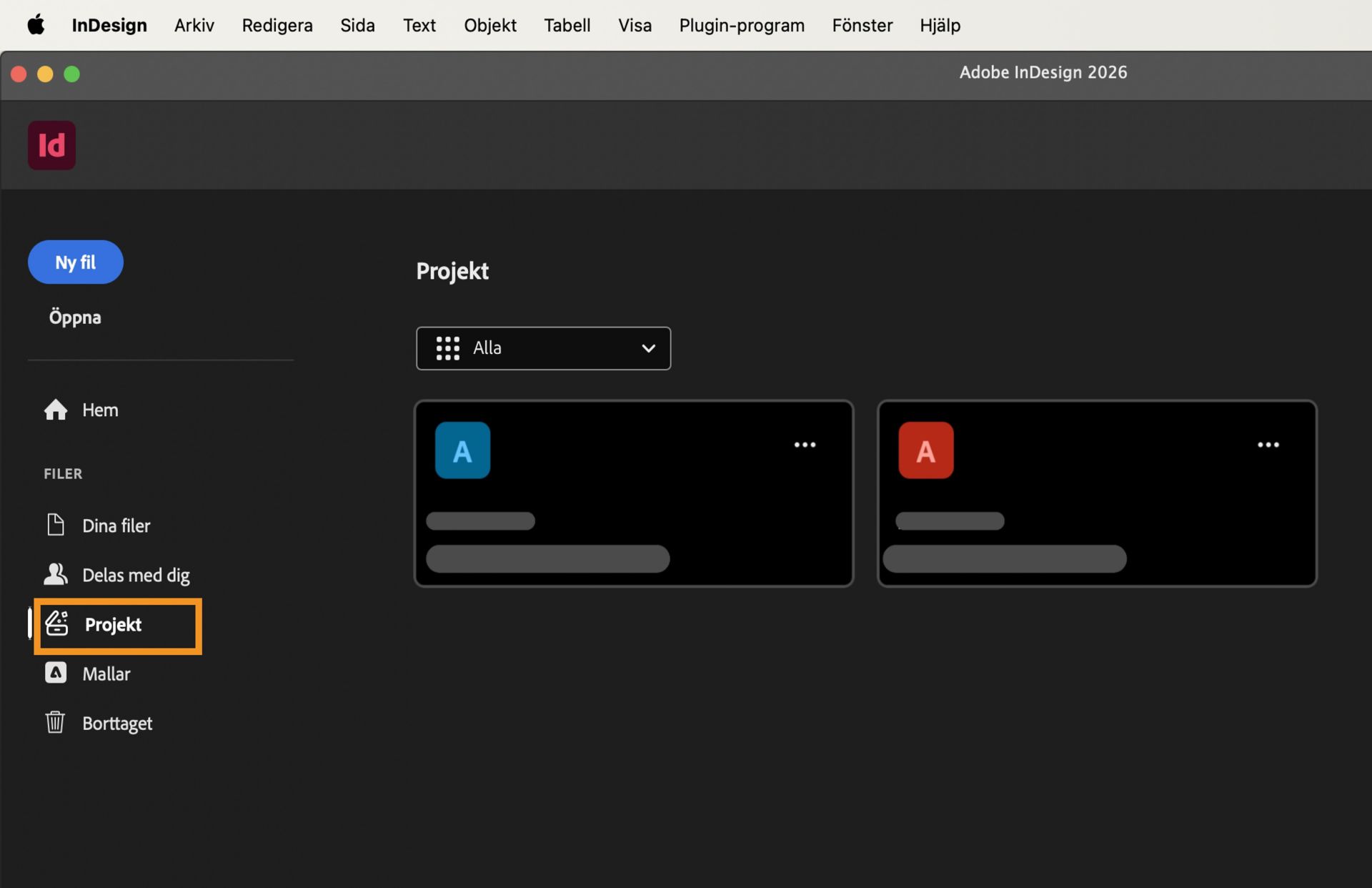 InDesign Projects arbetsyta som visar vänster sidofält med alternativ som Ny fil, Öppna, Hem, Dina resurser, Delat med dig, Projects, Mallar och Borttaget.Huvudområdet visar projektkort som är suddiga. 