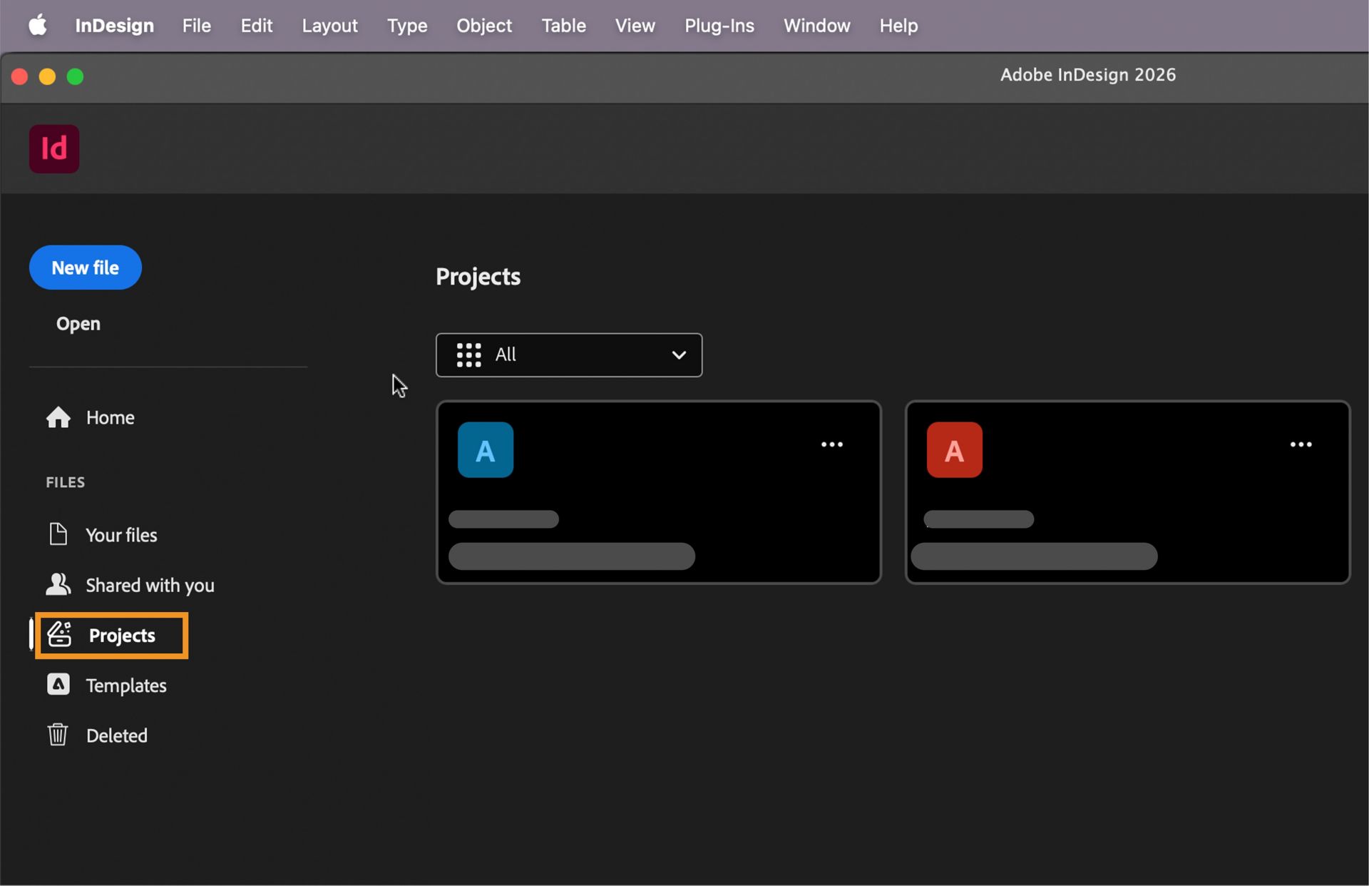 InDesign Projects workspace showing the left sidebar with options like New File, Open, Home,, Your files, Shared with you, Projects,  Templates, and Deleted. The main area displays project cards thata re blurred.  