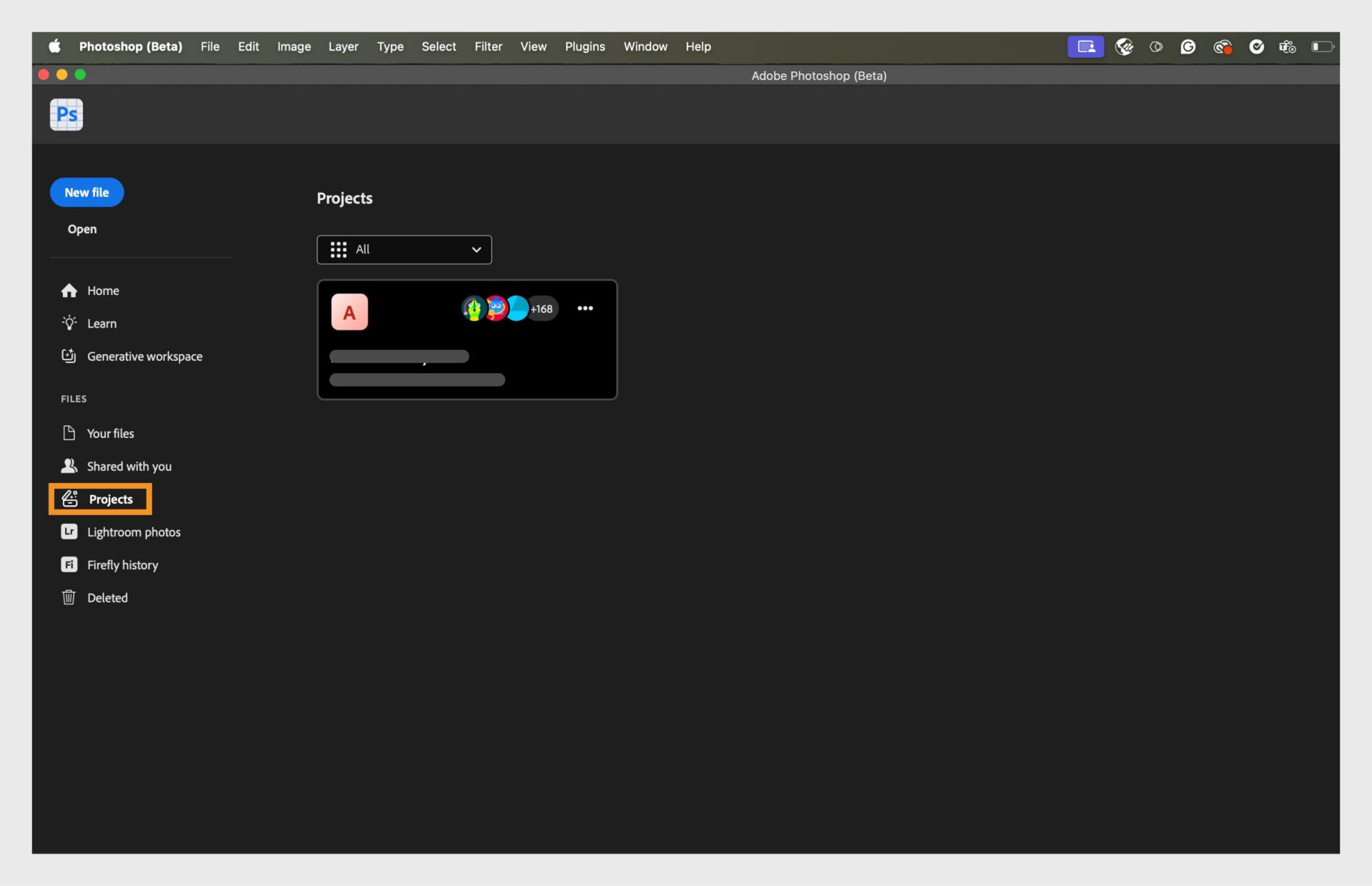 Преглеждайте и управлявайте споделени проекти във Photoshop, като изберете раздела „Проекти“ от левия панел.