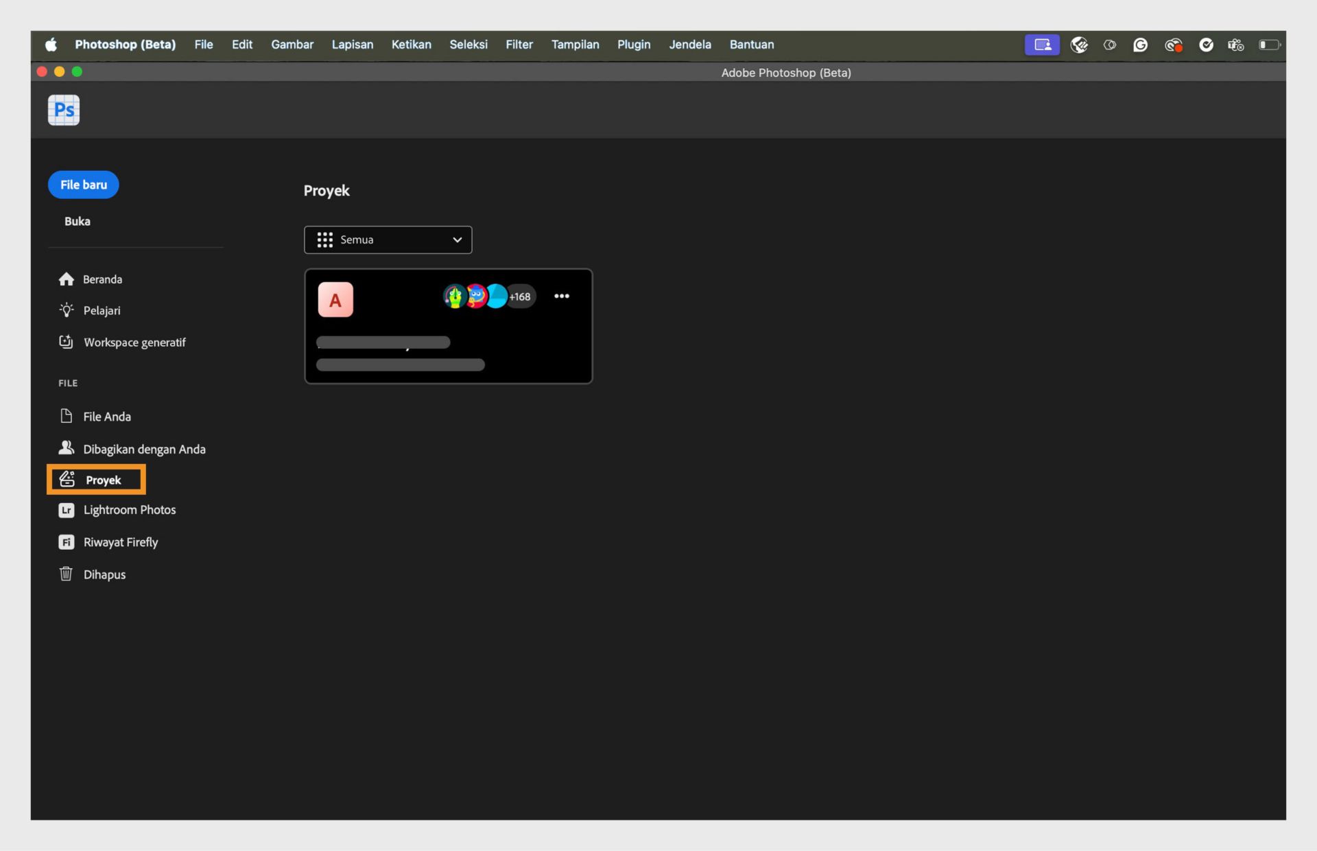 Lihat dan kelola proyek bersama di Photoshop dengan memilih tab Proyek dari panel kiri.