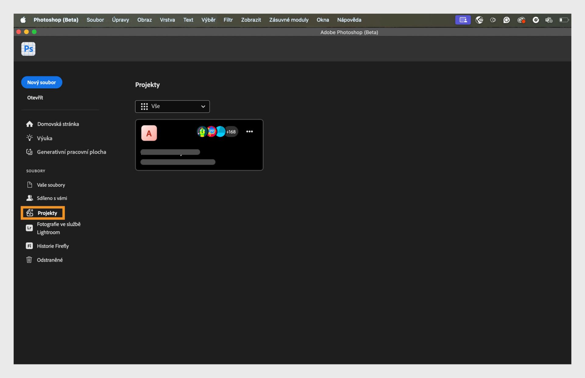 Zobrazte a spravujte sdílené projekty v Photoshopu výběrem karty Projekty z levého panelu.