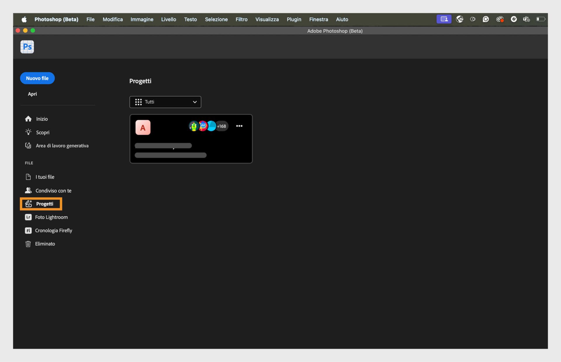 Visualizza e gestisci i progetti condivisi in Photoshop selezionando la scheda Projects dal pannello di sinistra.